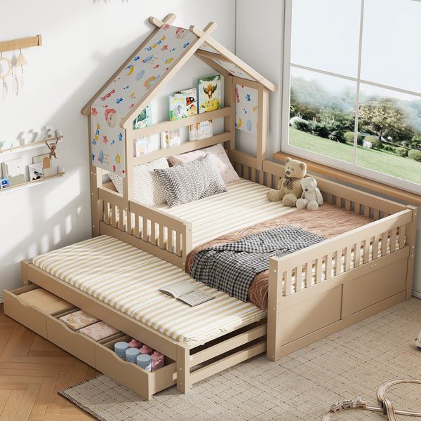 Hausbett mit Ausziehbett, Schubladen, Lattenrost, Zaun und Dach, 140x200 cm, Kinderbett mit Rausfallschutz, Kiefer