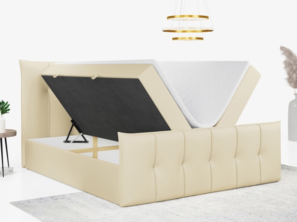 Boxspringbett, mit Fußteil, 2 Bettkästen - PREMIUM-11 - 200x200cm - Creme Kunstleder - H3 Bild 2