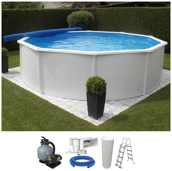 KWAD Rundpool Supreme weiß inkl. Sicherheitsleiter und Zubehör (Set, 5-tlg), 5-tlg, Höhe: 132 cm, blaue Innenfolie