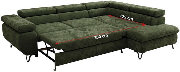 MKS Möbel 'Pablo L-Form' Ecksofa mit Schlaffunktion, verstellbare Kopfstützen, Dunkelgrün, Schenille glatt, Visco Topper, Links Bild 7