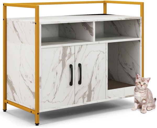 Katzenschrank Katzentoilette mit Doppeltüren & Kratzunterlage Katzenhaus mit offenem Regal & 2 Fächern Weiß-Marmor