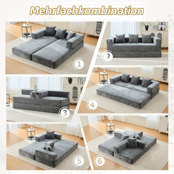 Modulares Sofa aus Chenille mit Seitentaschen, 198 x 79 x 60 cm, Dunkelgrau Bild 8