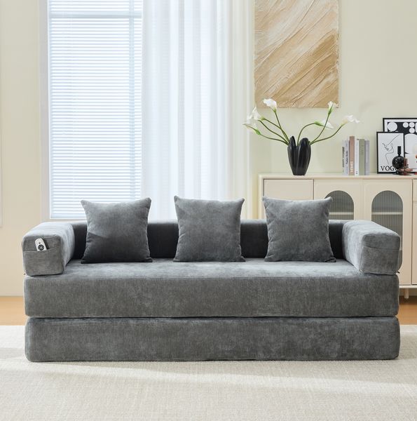 Modulares Sofa aus Chenille mit Seitentaschen, 198 x 79 x 60 cm, Dunkelgrau