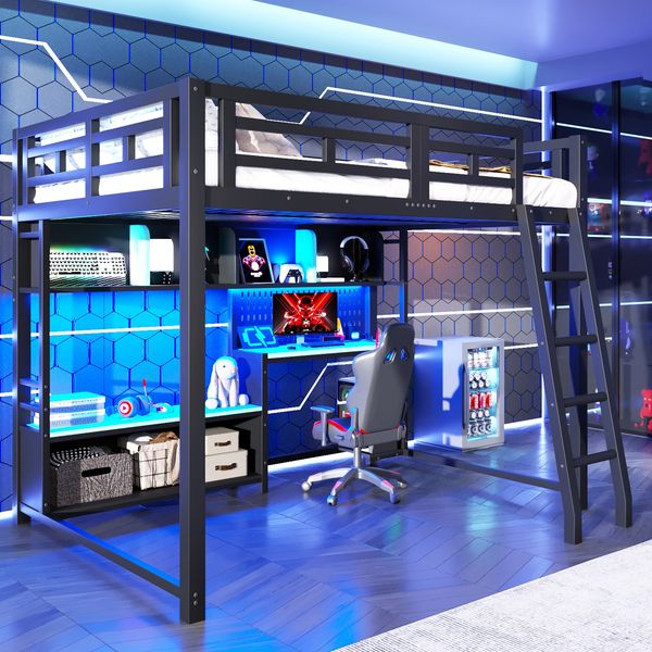 Merax Kinderbett, 140x200 cm Metall Etagenbett mit Schreibtisch im Gaming-Stil, LED-Beleuchtung und Aufbewahrungsregalen, Schwarz&Blau