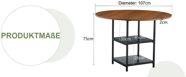 Runder Esstisch mit 107 cm Durchmesser und doppelter Ablage in Nussbaum-Optik, MDF-Platte + Metallgestell, geeignet für 2–4 Personen, perfekt für europäische Familienessen, Bild 8