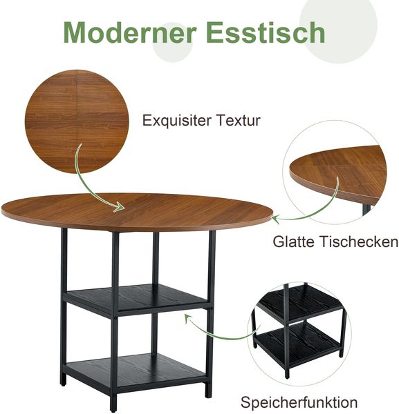 Runder Esstisch mit 107 cm Durchmesser und doppelter Ablage in Nussbaum-Optik, MDF-Platte + Metallgestell, geeignet für 2–4 Personen, perfekt für europäische Familienessen, Bild 6
