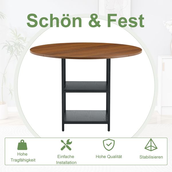 Runder Esstisch mit 107 cm Durchmesser und doppelter Ablage in Nussbaum-Optik, MDF-Platte + Metallgestell, geeignet für 2–4 Personen, perfekt für europäische Familienessen, Bild 5