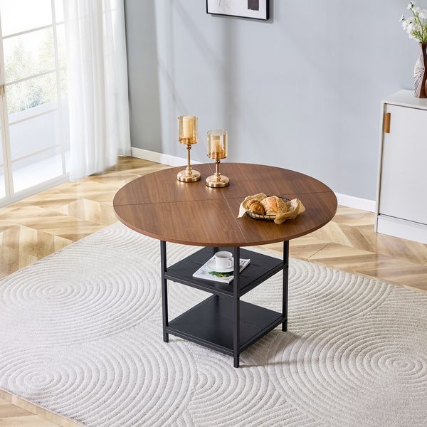 Runder Esstisch mit 107 cm Durchmesser und doppelter Ablage in Nussbaum-Optik, MDF-Platte + Metallgestell, geeignet für 2–4 Personen, perfekt für europäische Familienessen,