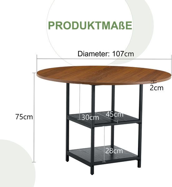 Runder Esstisch mit 107 cm Durchmesser und doppelter Ablage in Nussbaum-Optik, MDF-Platte + Metallgestell, geeignet für 2–4 Personen, perfekt für europäische Familienessen, Bild 4