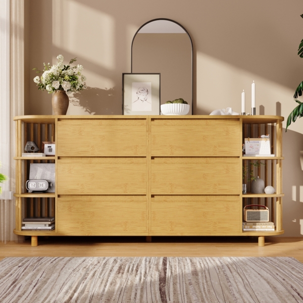 Merax 160cm Kommode Sideboard 160cm Eiche, Römisches Design mit Säulen & Bambus-Regalen, 6 Schubladen & offene Regale, Höhenverstellbare Füße, H75/B160/T40 cm