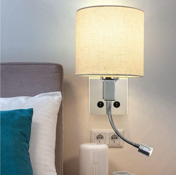 Nettlife Wandleuchte Wandlampe Schalter innen Bett Leuchten Stoff Schwenkbar Vintage E27, ohne Leuchtmittel, Warmweiß, E27 Leselampe