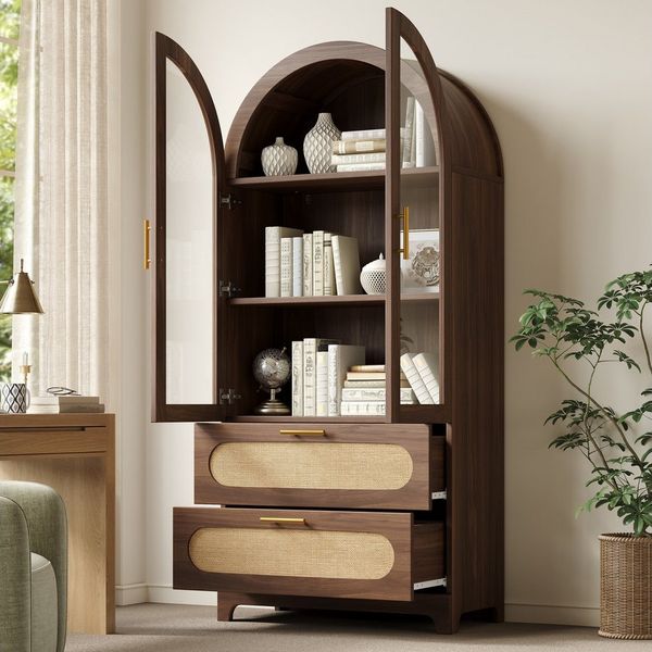 REDOM Hochschrank Vitrine (Bücherregal mit 2 Schubladen & verstellbaren Böden, Retro-Design, Nussbaum, 1-St, 80*40*175cm(L x B x H)