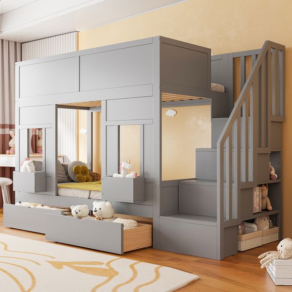 Etagenbett für Kinder mit Stauraumtreppe und Schubladen, 90x200 Großes Hochbett mit Fenstern und Staukästen, Holzgestell mit Sicherheitsgeländer, Platzsparendes Kinderbett für Jungen und Mädchen