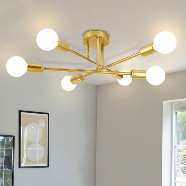 Nettlife Deckenleuchte 6 Flammig Gold E27 Metall Industrie-Deckenleuchte Vintage, LED wechselbar, für Schlafzimmer, Esszimmer, Wohnzimmer, Waschküche, Küche, Flur