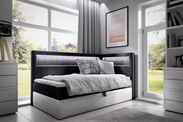 Boxspringbett Gästebett Kinderbett FABIAN Nr. 3 90x200cm Weiss-Schwarz Seite Rechts