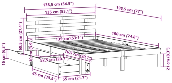 vidaXL Massivholzbett mit Schubladen Weiß 135x190 cm Kiefer 3302001 Bild 10