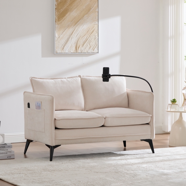 LVHOM 2-Sitzer Sofa mit Handyhalter und USB, Doppelsofa mit Seitentaschen, Polstersofa Zweisitzer mit Chenille Bezug, Beige