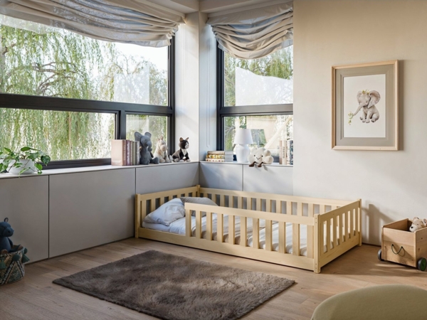 Kids Collective Kinderbett Bodenbett Bett mit Rausfallschutz & Lattenrost Montessori Bett Kinder (Jungen, Mädchen, Kinder, weitere Größen 90x200, 120x200, 140x200 cm), Jugendbett Einzelbett optional mit Matratze, natur Kiefer 80 x 160 cm Bild 3