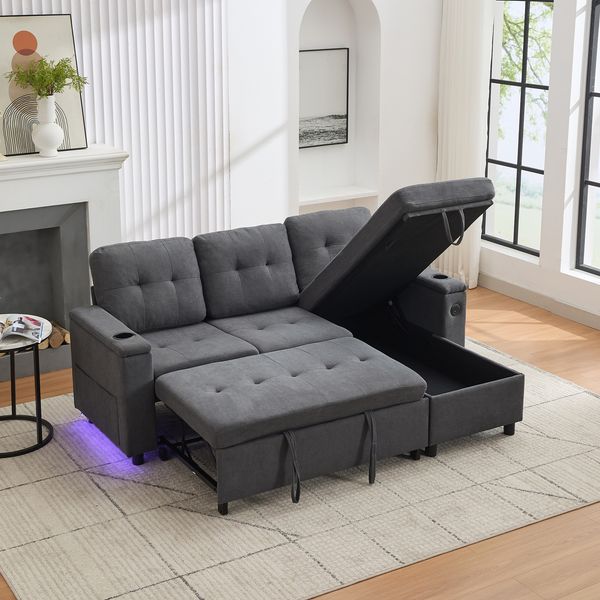 Sofa 208 x 146 x 89,5 cm Grau, klappbar mit Stauraum, LED-Lichtleiste, USB- und Typ-C-Anschlüssen