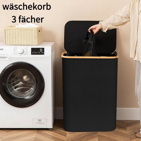 Jumpeak Wäschebox wäschekorb 3 fächer,wäschekorb mit deckel, Mit Deckel,Griffdesign,Faltbar,Sortieretiketten