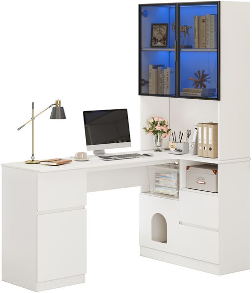 Flieks Eckschreibtisch mit LED-Vitrine & Regal 120×80×180 cm, Computertisch mit 3 Schubladen, 2 Türen, Haustierfach, Rechte Ecke, Weiß