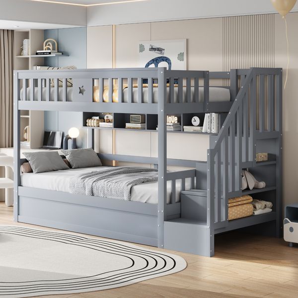 Hochbett 90x200 cm mit hydraulischem Unterbett, Stauraumtreppe und Regal – Massivholz in Grau