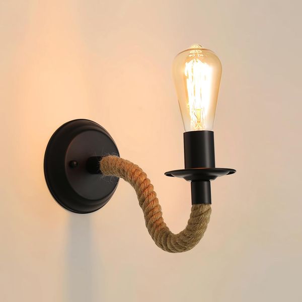 Comely Wandleuchte Retro, E27 Wandlampe aus Hanfseil Schwarz, Industrial Wandleuchte Innen für Schlafzimmer, Wohnzimmer, Treppen, Flur (ohne Leuchtmittel)