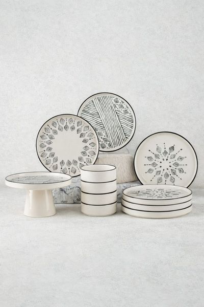 Hermia Concept Frühstücks-Geschirrset Boho Design (11-tlg), 6 Personen, Keramik, Steinzeug, spülmaschinenfest und mikrowellengeeignet