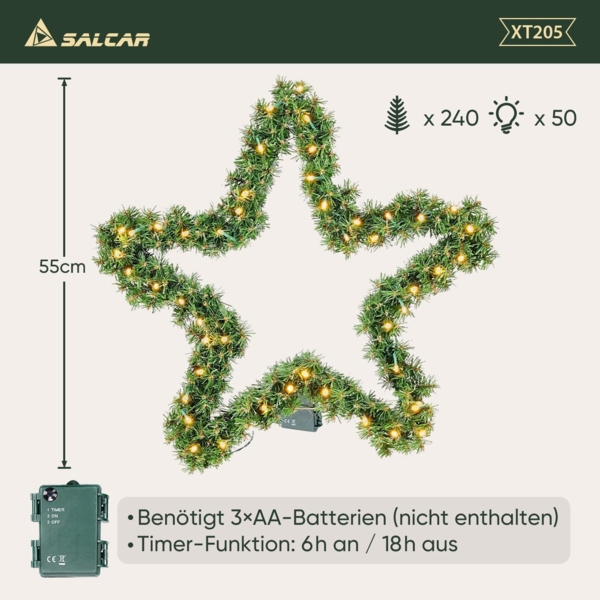 SALCAR Premium Weihnachtsstern 55 cm aus PVC mit 240 Zweigen & warmweißem LED Lichterkette – Festliche Weihnachtsdeko für Tür, Kamin, Balkon oder Garten, batteriebetrieben Bild 4