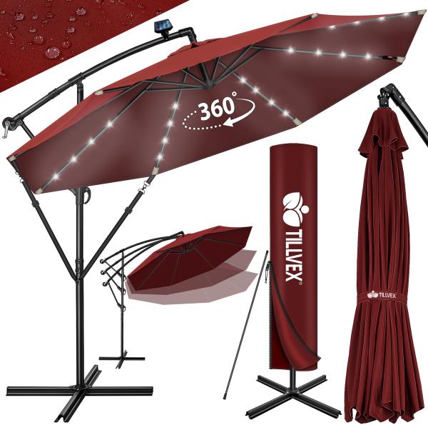 tillvex Alu Ampelschirm Rot LED Solar Ø 300 cm mit Kurbel | Sonnenschirm mit An-/Ausschalter | Gartenschirm UV-Schutz Aluminium | Kurbelschirm mit Ständer Marktschirm wasserdicht