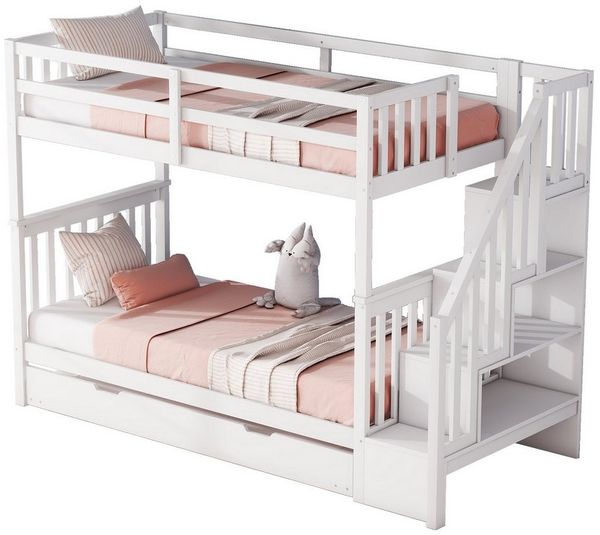 Ulife Etagenbett Kinderbett Jugendbett mit Treppenregal, hohe Geländer, ausgestattet mit ausziehbares Rollbett, 90x200cm/90x190cm