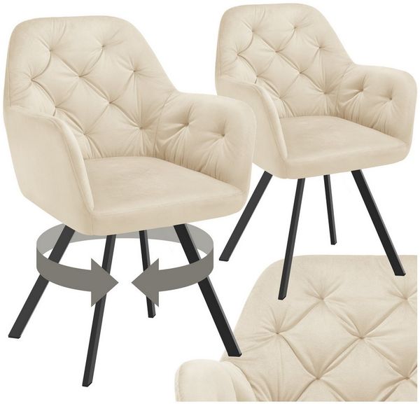 tectake Esszimmerstuhl Samt-Armlehnstuhl gepolstert, mit Steppmuster, 58 x 58 x 87 cm (Bürostuhl Lucia in creme, 2 St), 180° drehbar, Stahlbeine, bodenschonend, Belastbarkeit 120 kg