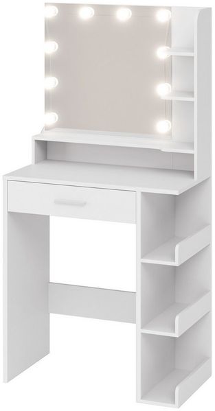 Mondeer Schminktisch Kosmetiktisch (Weiß, 67 x 36 x 138 cm), mit Spiegel und 10 LED-Lichtkugeln,1 Schublade und 7 Offenen Fächern