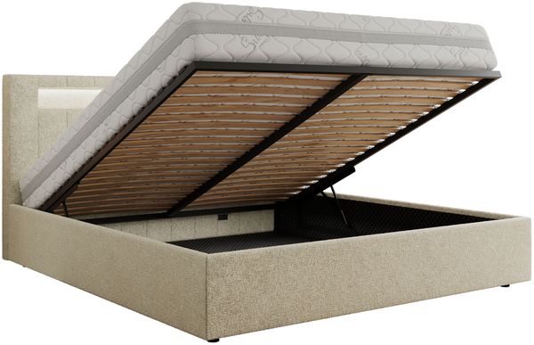 Polsterbett GOLD 5 CLASSIC 200 x 200 cm mit LED-Beleuchtung & Bettkasten, Doppelbett inkl. Lattenrost, Metall-Lift-System & Stauraum - Creme Struktur Bild 6