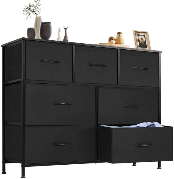 Sweetcrispy Kommode,Sideboard Wohnzimmer für Schlafzimmer mit 7 Stoffschubladen,Einstellbare Füße Schubladenschrank,Schwarz