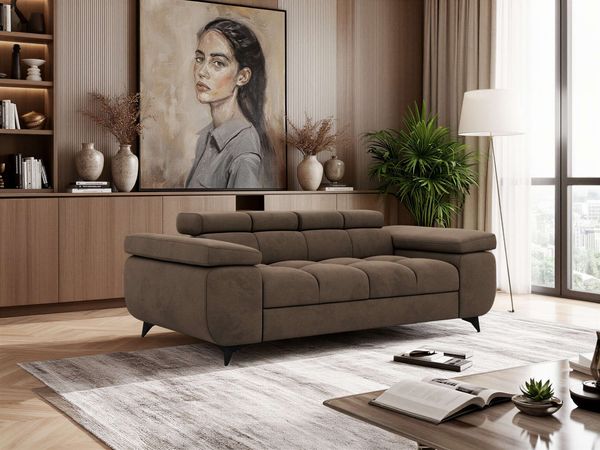 Sofa NIDELLA, 2-Sitzer, verstellbaren Kopfstütze, Wellenfeder, Polstersofa mit Armlehnen und schwarze Beine - Braun Velvet