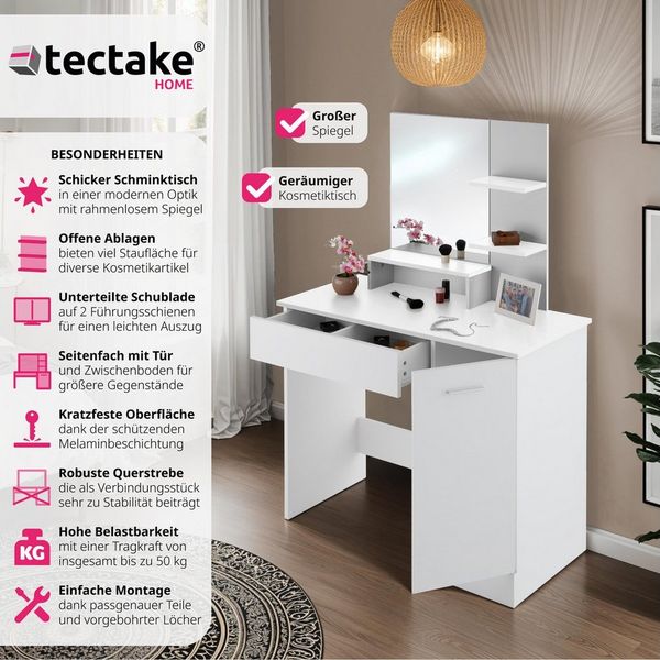 tectake Schminktisch Frisiertisch Zoe (1-St, 1 tlg), Moderner Schminktisch mit großem Spiegel