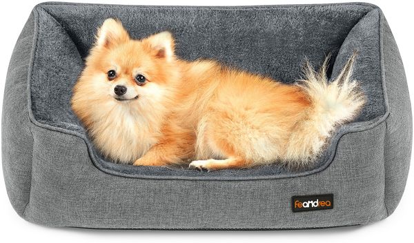 Feandrea Hundebett, Hundekissen in Leinenoptik, Hundekorb, erhöhte Ränder, rutschfeste Unterseite, Bezug abnehmbar waschbar, M, für kleine Hunde, 70 x 55 x 21 cm, hellgrau