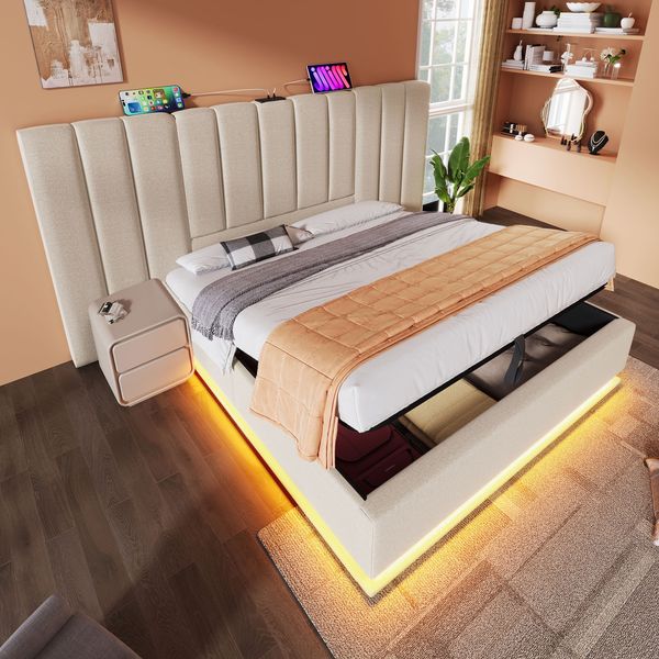 Polsterbett 160x200 cm mit LED, USB-C und Bettkasten, ohne Matratze