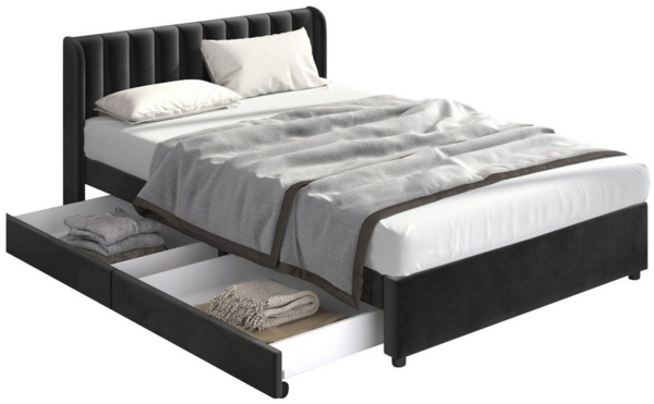 OKWISH Polsterbett Kinderbett, Jugendbett, Multifunktionales Bett (140 x 200 cm Samt Mit Lattenrost Rückenlehne 2 Schubladen), Schlichter und stilvoller Samt-Look