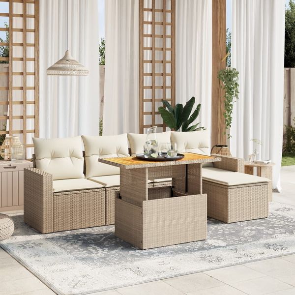 vidaXL 6-tlg. Garten-Sofagarnitur mit Kissen Beige Poly Rattan 3271289