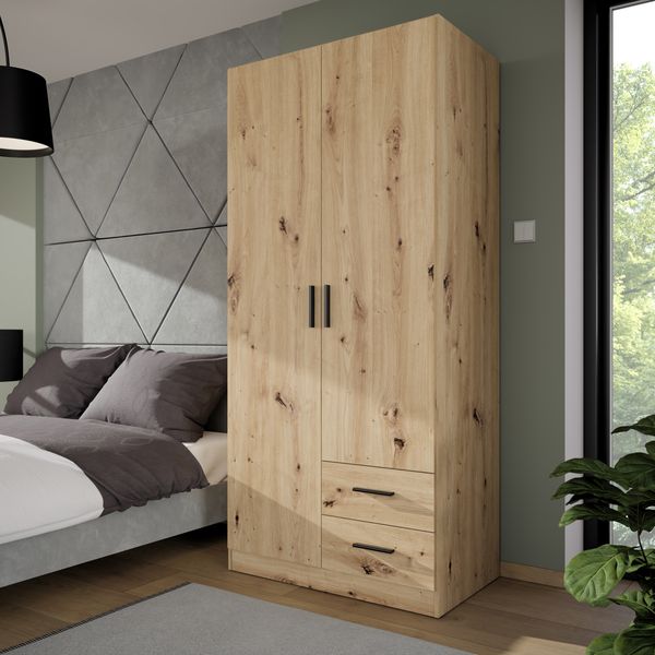 Forte JOAKIM Kleiderschrank 90, Skandi-Stil Schrank, 2-türig, 2 Schubladen, Einlegeböden, Kleiderstange, Holzwerkstoff, Artisan Eiche Holzdekor, 90,8 cm breit x 197 cm hoch x 54 cm tief