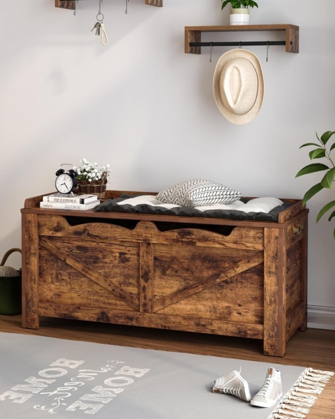 Schuhbank, 100 cm Sitzbank mit Stauraum, Sitztruhe,2 Stabilen Scharnieren, Aufbewahrungsschrank, für Flur, Wohnzimmer, X Stabiler Rahmen mit Überdachung, Vintagebraun