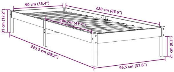vidaXL Massivholzbett Extra Lang ohne Matratze Weiß 90x220 Kiefernholz 852417 Bild 9