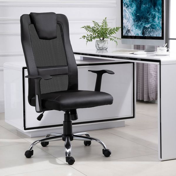 Bürostuhl mit Kunstleder & Netzstoff, höhenverstellbar, Wippfunktion, 66 x 73 x 108-118 cm, Schwarz