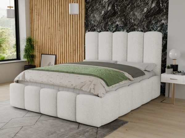 Polsterbett Aura - Bettkasten mit Gasdruckfedern - Doppelbett mit Lattenrost, Bett mit Polsterkopfteil, Bettgestell, Schlafzimmer, Bouclé-Stoff (180 x 200 cm, Weiß (Coral 70))