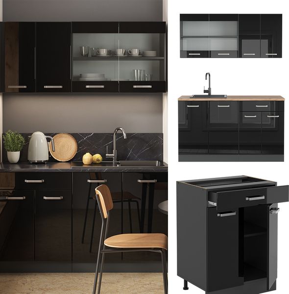 Singleküche R-Line Schwarz Hochglanz/Anthrazit 140 cm ohne Arbeitsplatte Vicco Bild 2