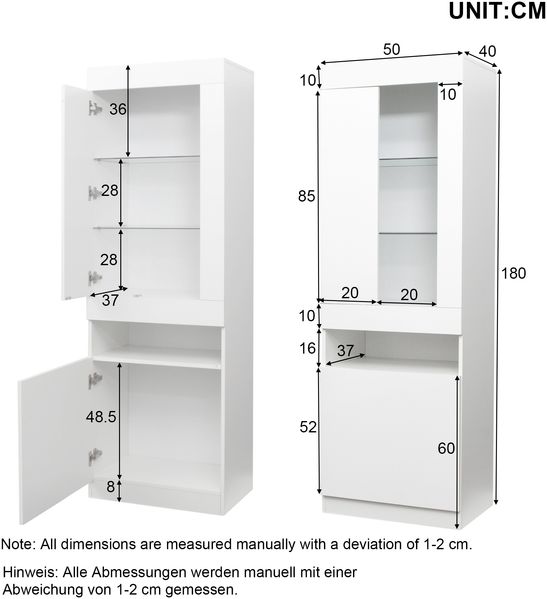 Vitrine / Kommode 50x40x180 cm, Weiß Hochglanzfront mit 16-Farben USB-LED, 2 Glasböden