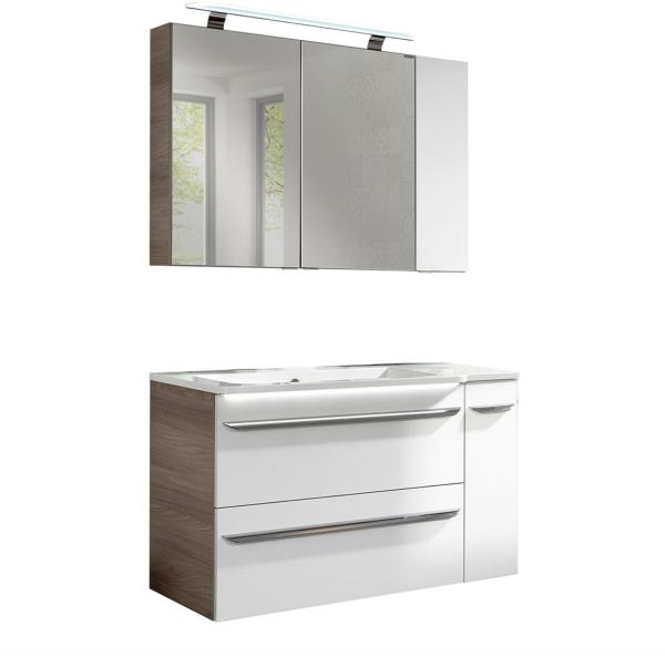 Fackelmann LUXOR Badmöbel Set 5-teilig 100 cm, Braun/Weiß + LED-Spiegelschrank + Badschränke rechts Bild 1