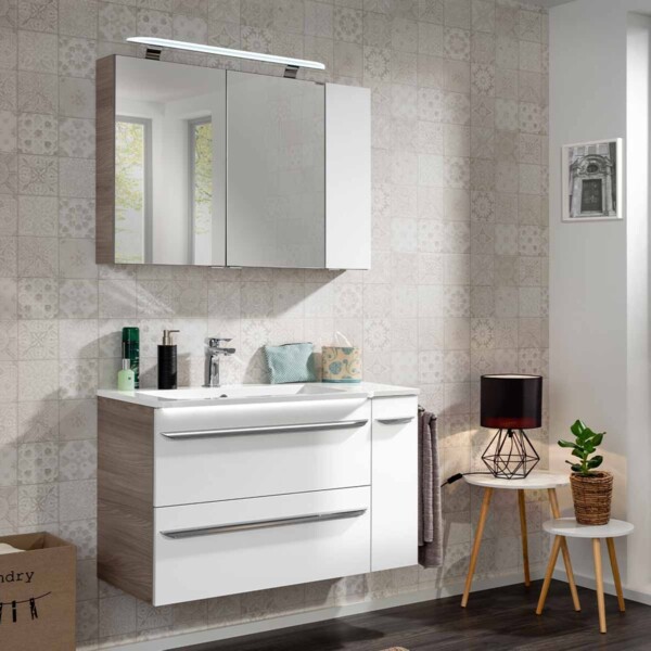 Fackelmann LUXOR Badmöbel Set 5-teilig 100 cm, Braun/Weiß + LED-Spiegelschrank + Badschränke rechts Bild 2